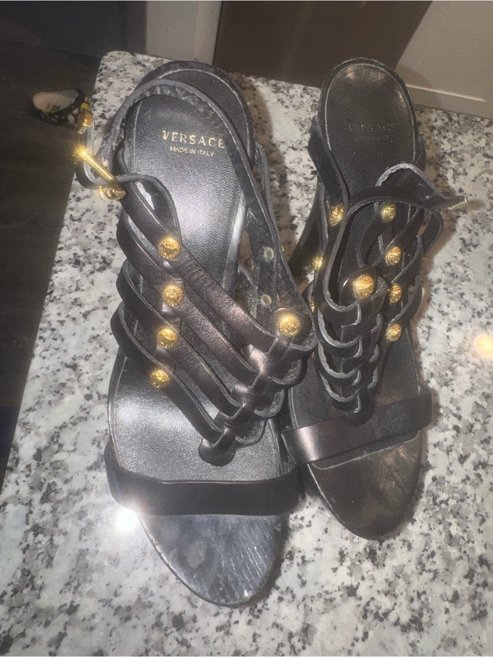 Versace Black Leather Heeled Sandals with Gold Medallions